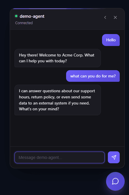 The same widget in text mode, with a streamed reply and no microphone prompt