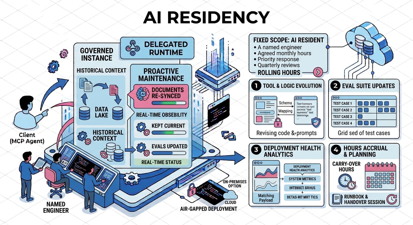 AI Residency engagement diagram: ongoing tool and eval updates, deployment health analytics, and rolling monthly hours