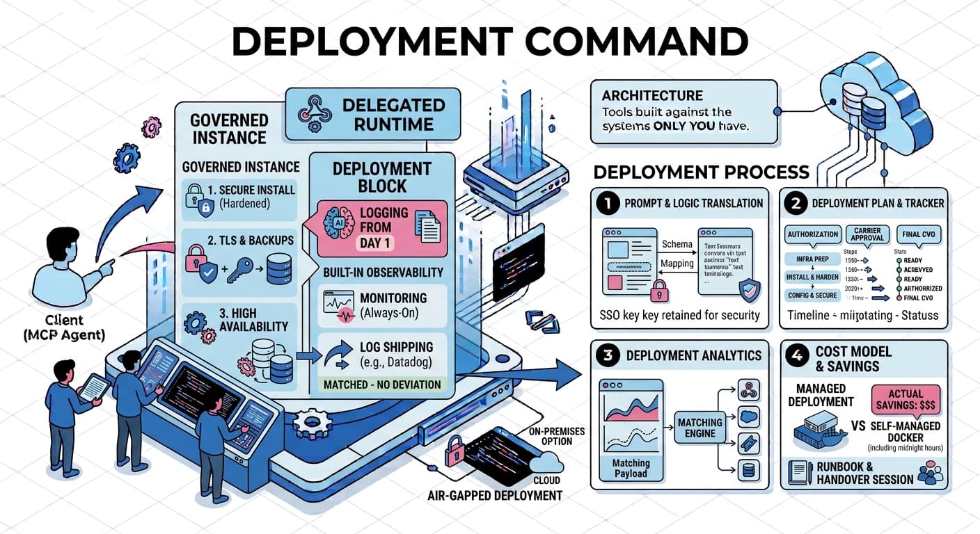 Deployment Command engagement diagram: secure install, monitoring and log shipping, high availability, and a handover runbook
